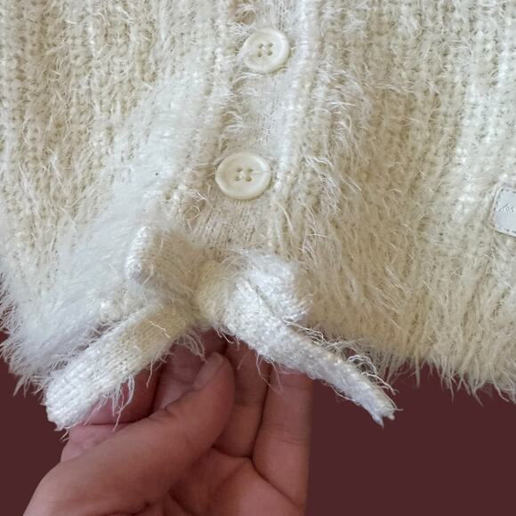 7 for All Mankind Fuzzy Teddy Sweater Faux Button Front Bow Long Sleeve 18 M - Picture 6 of 12